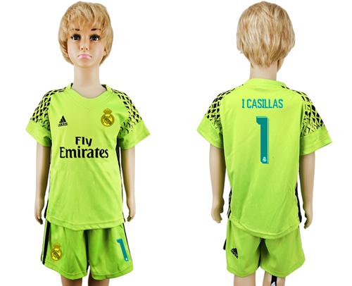 Real Madrid #1 I.Casillas Shiny Green Goalkeeper Kid Soccer Club Jersey